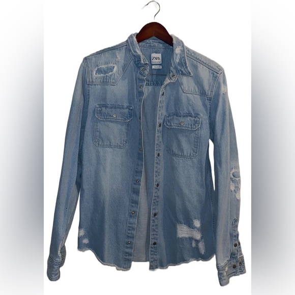 Zara Other - Zara Denim Blue Patched Relaxed Fit Long Sleeve Button Down Shirt Size Medium